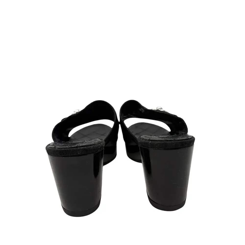 Chanel Black Quilted CC Slip On Turnlock Platform  Mules Slides Clogs Sandals 38